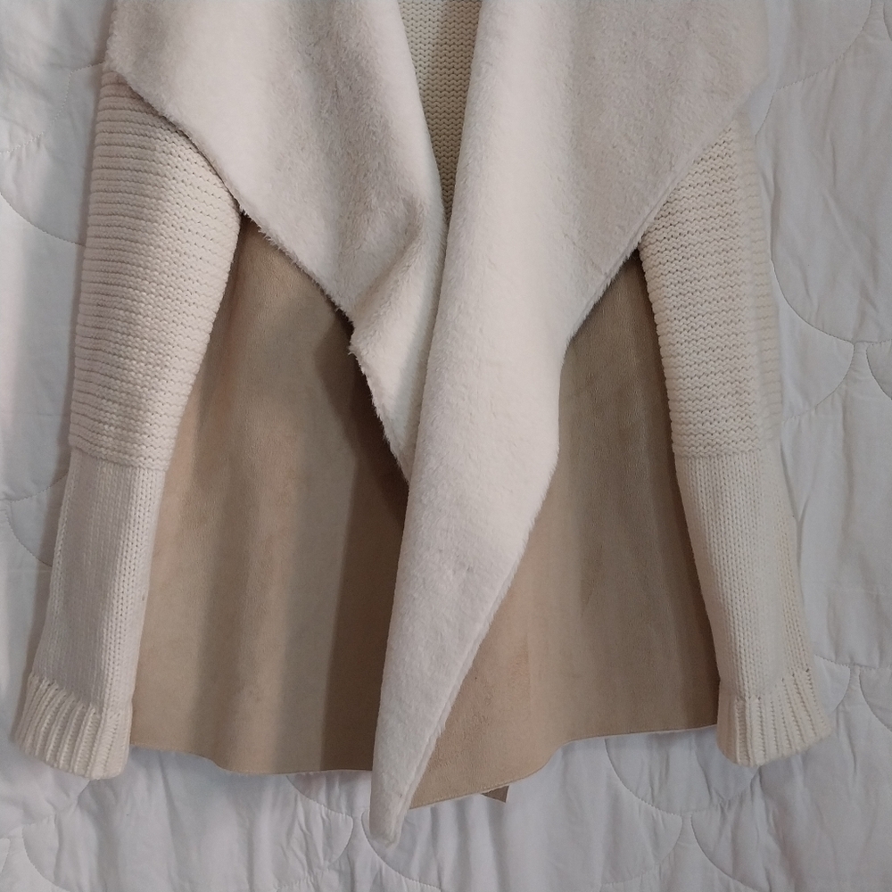 Fever Women's XL Cascade Collar Beige/Tan Knit Faux Suede & Sherpa Knit Jacket - Picture 3 of 13